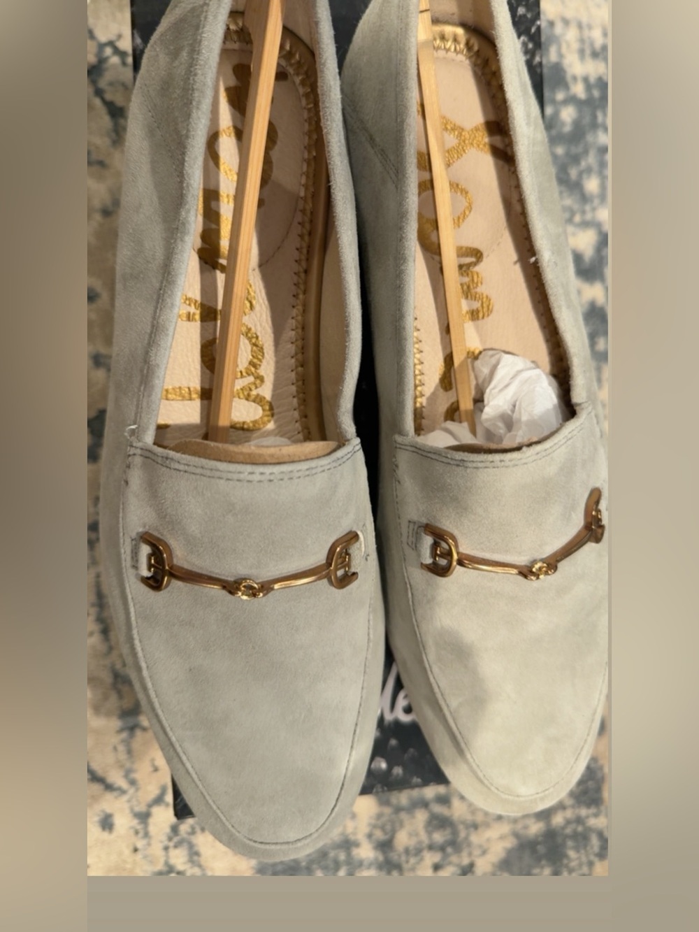 Sam Edelman Light Gray Suede Loafers with Gold Horsebit - Picture 5 of 6